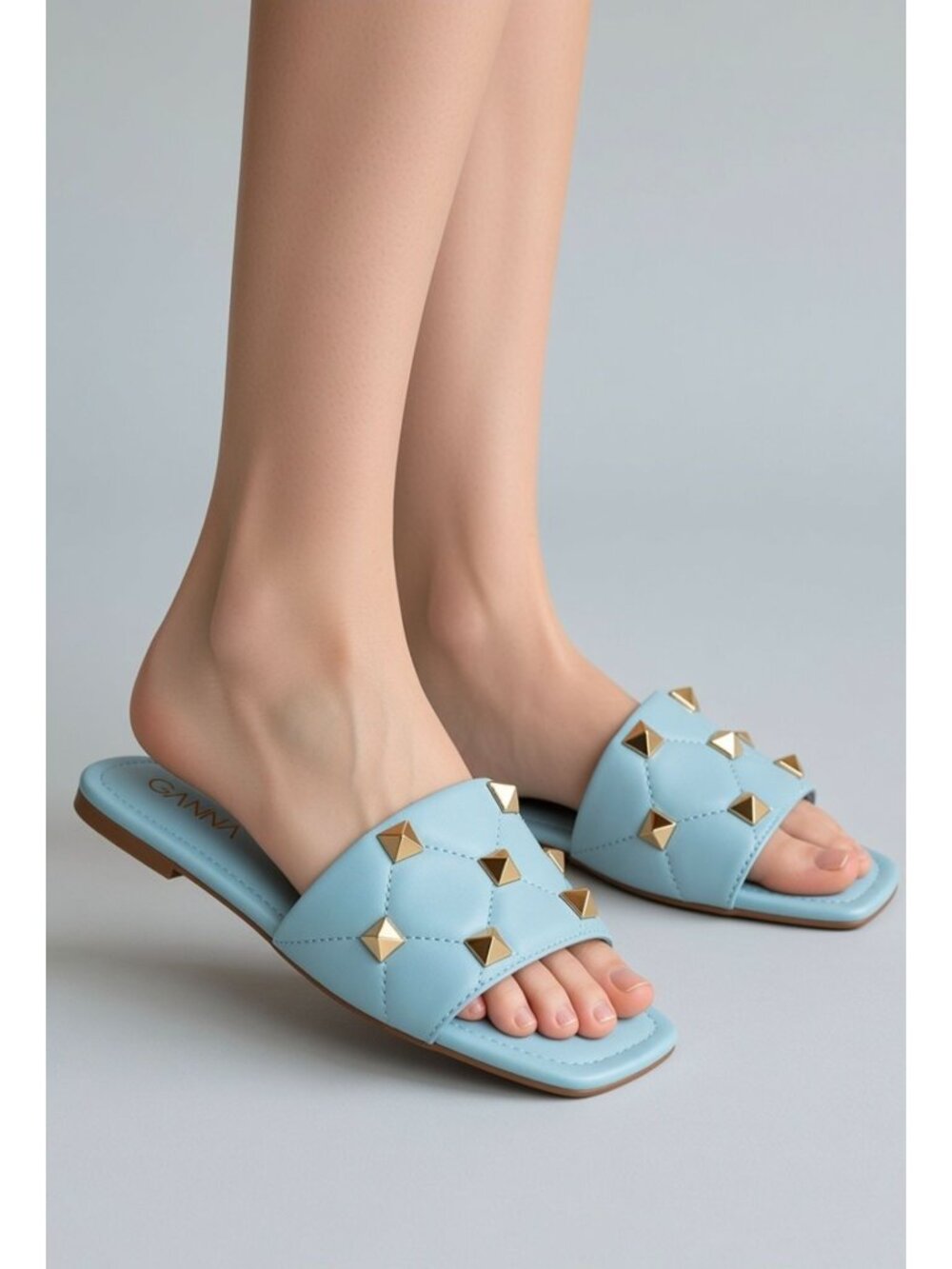 Light Blue Quilted Slide Sandals Gold Studded Square Toe Flats